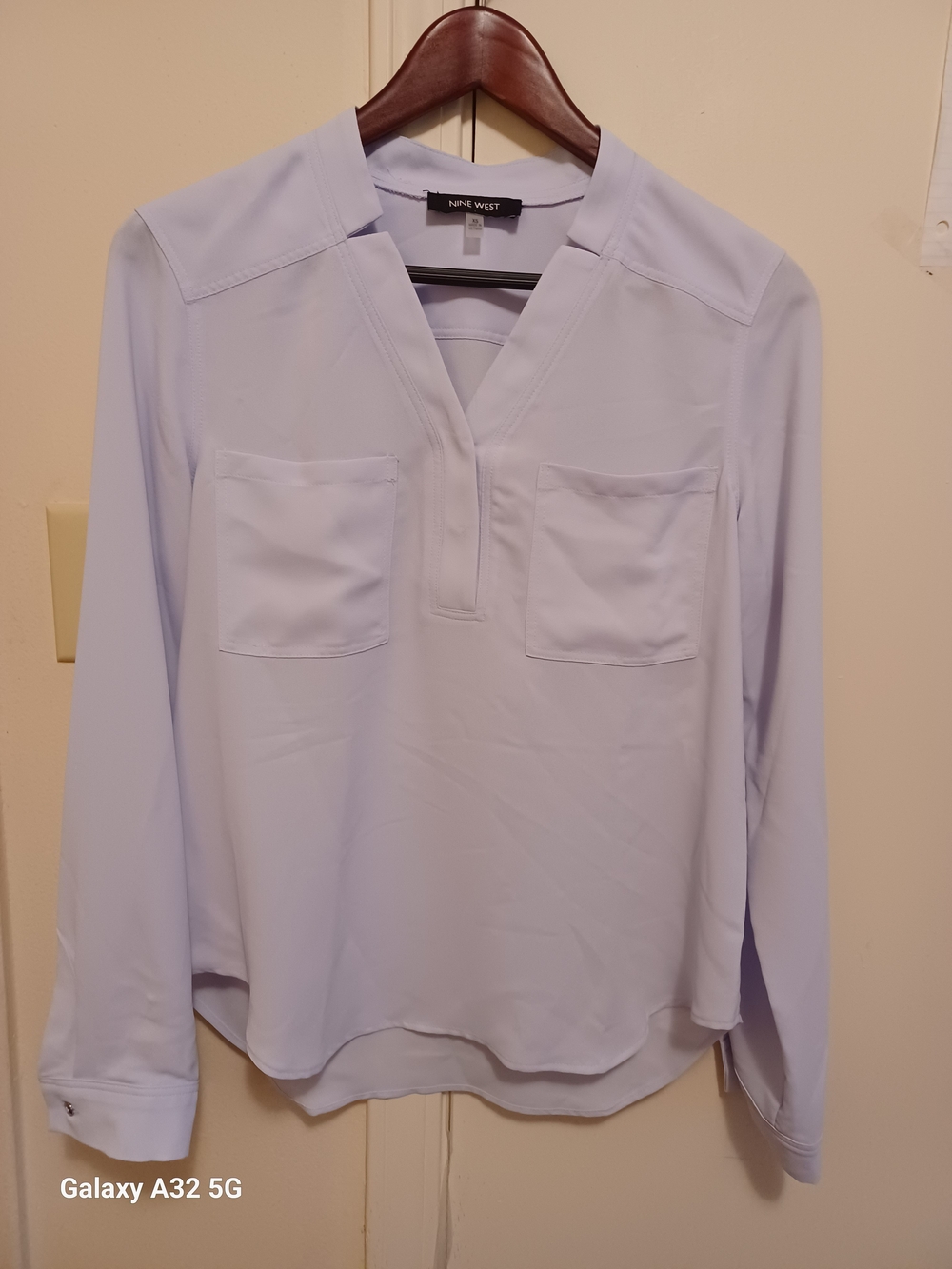 Nine West Light Blue Long Sleeve V-Neck Pocket Blouse